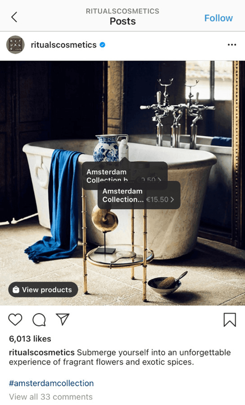 Instagram post by Ritual Cosmetics - products with prompt linking you to their product webpage