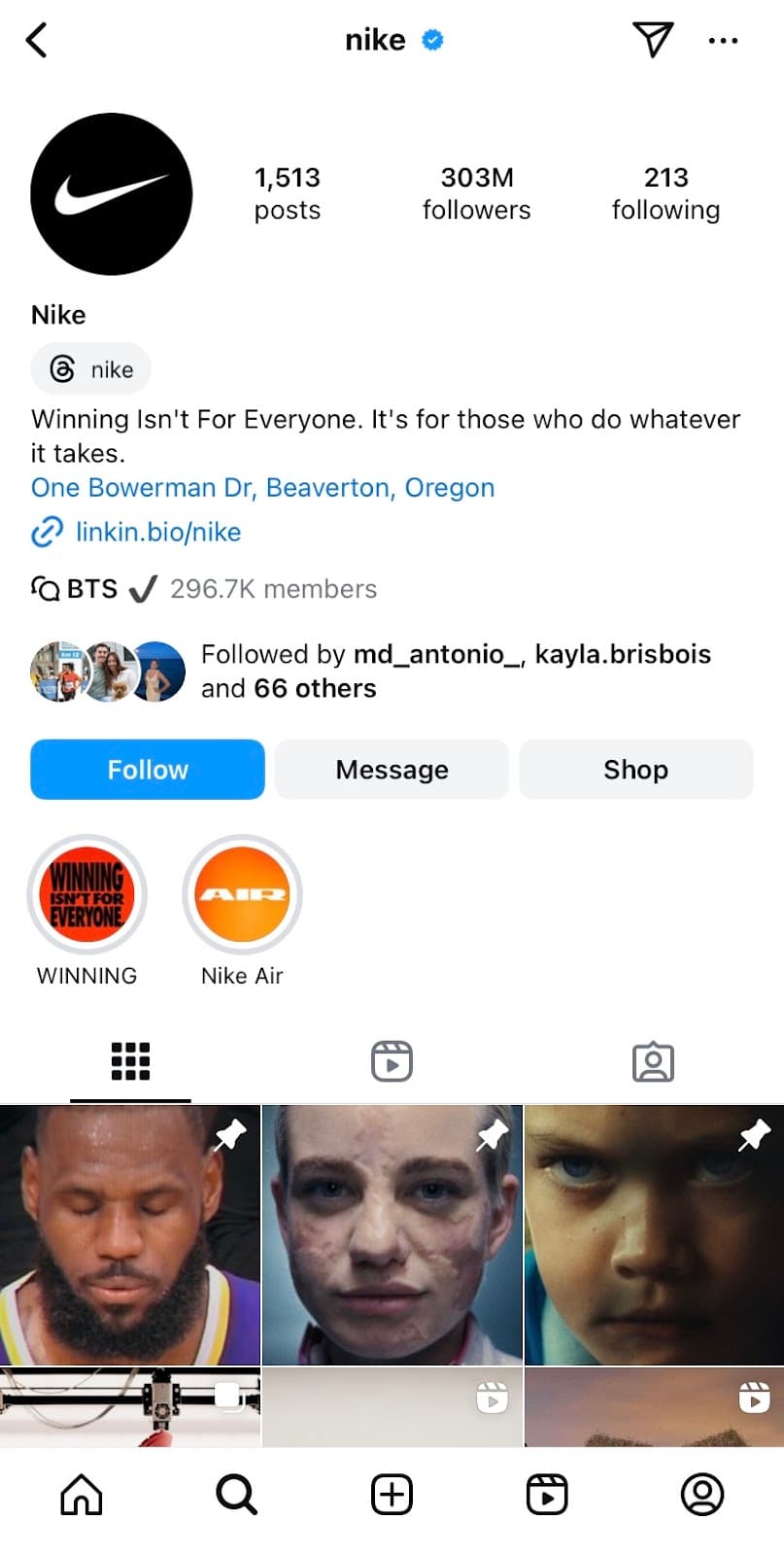 Social Media Bio example from Nike