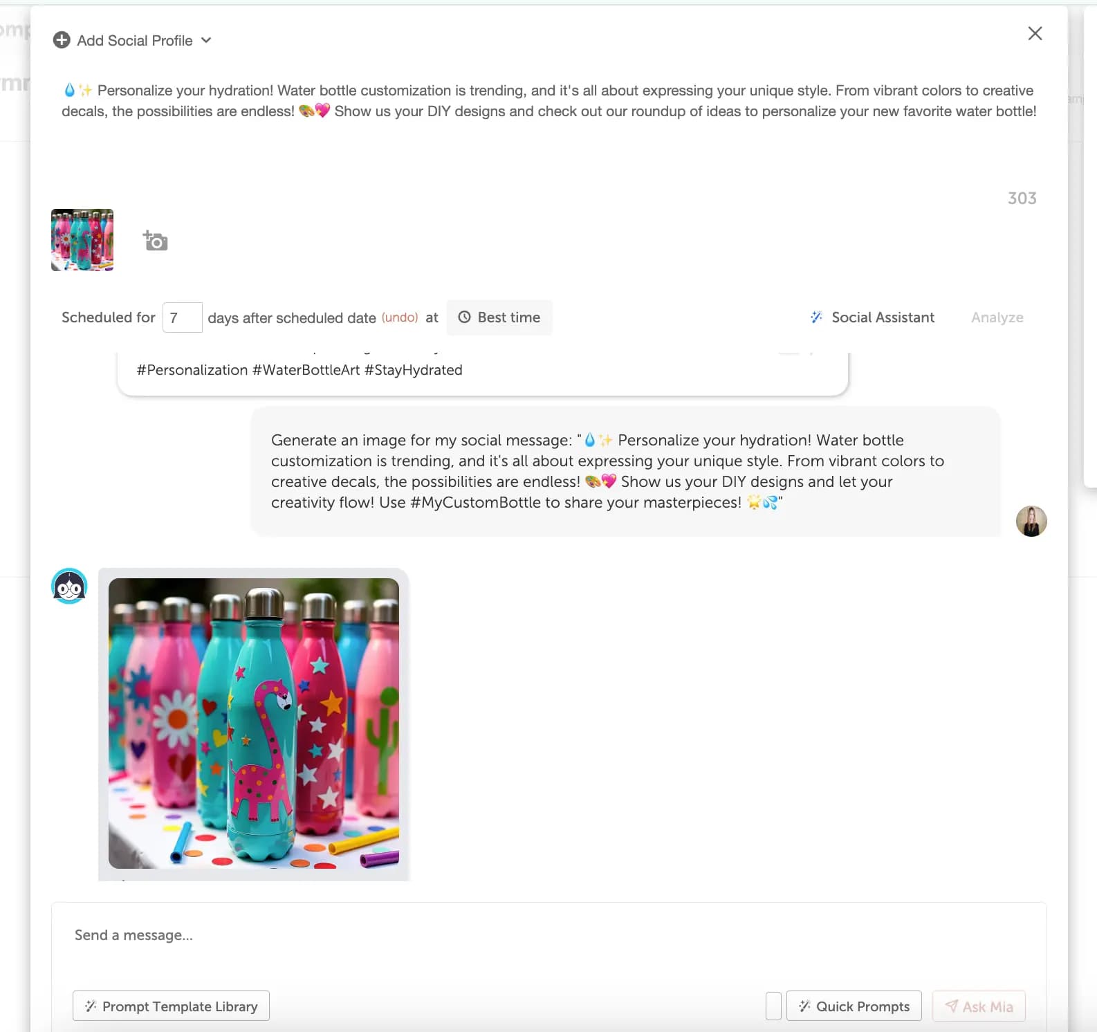 CoSchedule social message for water bottle customization.