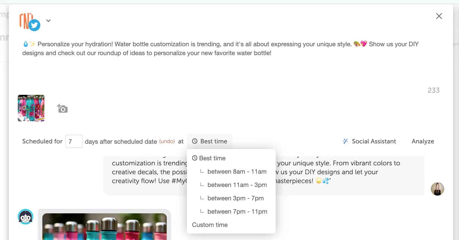 CoSchedule social campaign for water bottle customization.